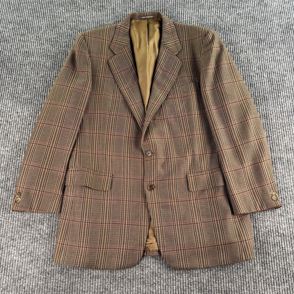 Vintage Barney's New York 42 R Taupe Wool Overcheck Luxury Made in England
